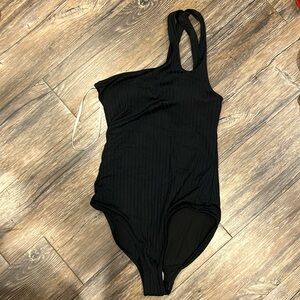 Small Aerie Ribbed One Shoulder One Piece Swimsuit Black